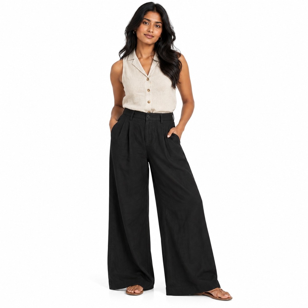 GAP Pleated High Rise Wide Leg Women's Trousers Black Linen Cotton Blend Size 4